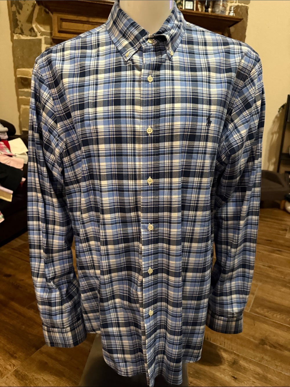 Ralph Lauren Navy and White Plaid Button-Down Shirt with Blue Polo Pony on left